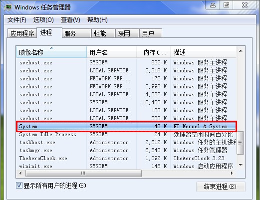 資源管理器中的“System”進程狀態