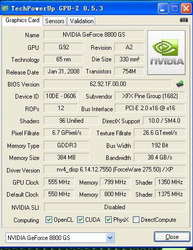 8800GS  GPU-Z 的參數