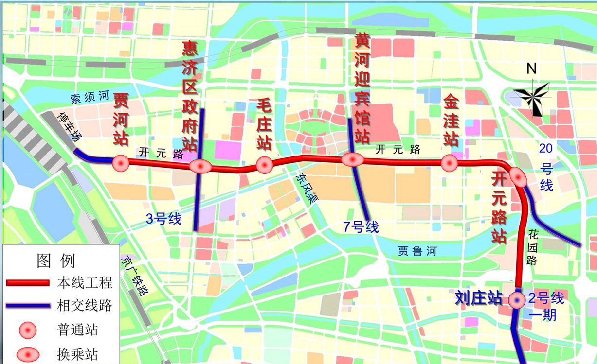 鄭州捷運2號線二期工程線路走向示意圖