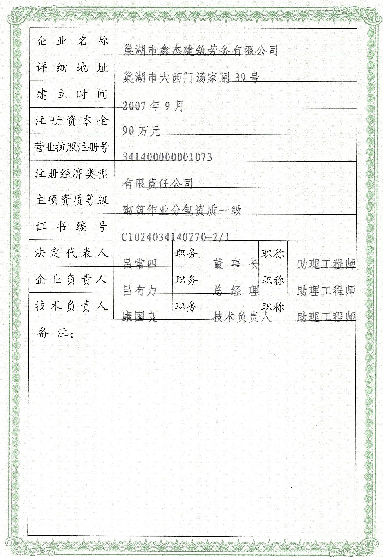 巢湖市鑫傑建築勞務有限公司