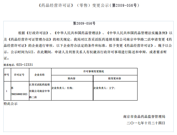 南京市《藥品經營許可證》（零售）變更公示（第2009-056號）