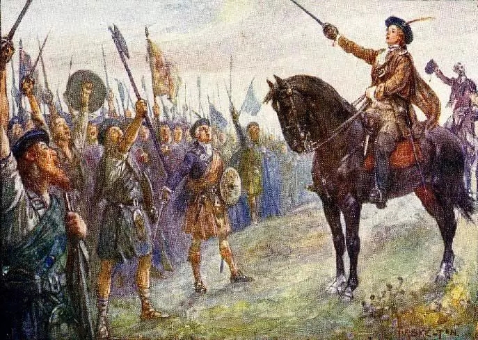 卡洛登戰役前的誓師大會，騎馬者是查理斯王子