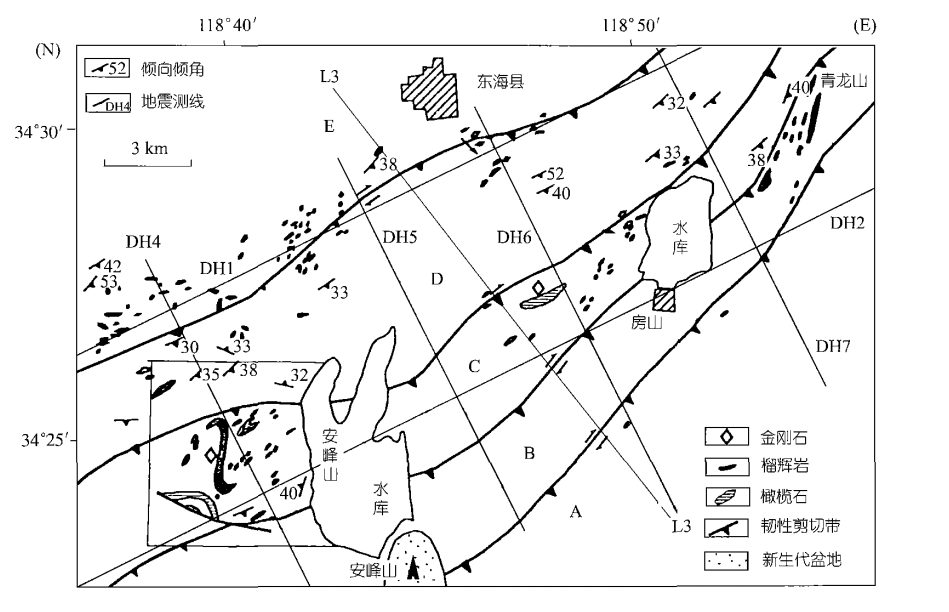 圖 l 蘇魯東海縣南部地區的構造與測線位置圖