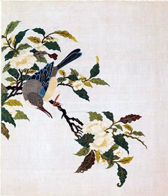 明代緙絲《山茶禽鳥》