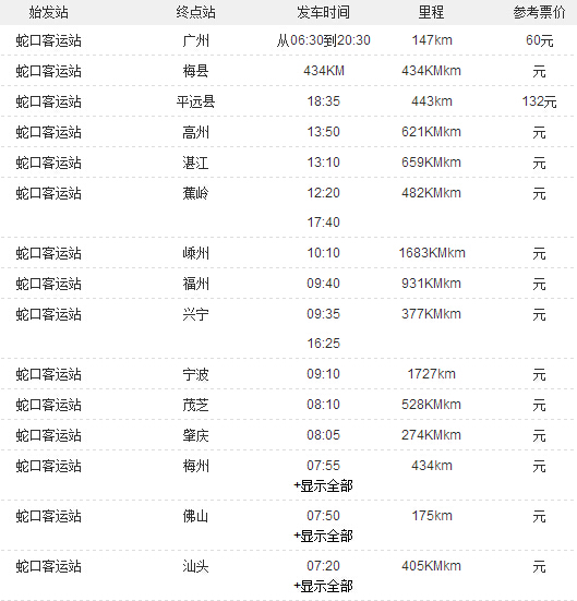 蛇口汽車站時刻表