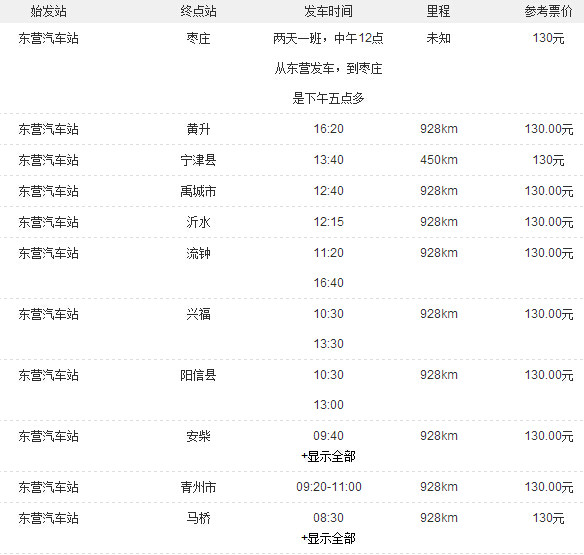 東營汽車站時刻表