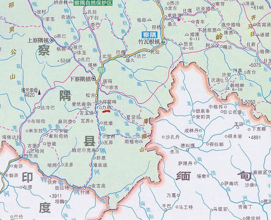 察隅縣下察隅鎮巴蘭崗及附近地圖