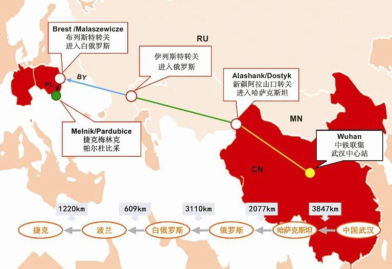 漢新歐”鐵路國際貨運專線運行示意圖