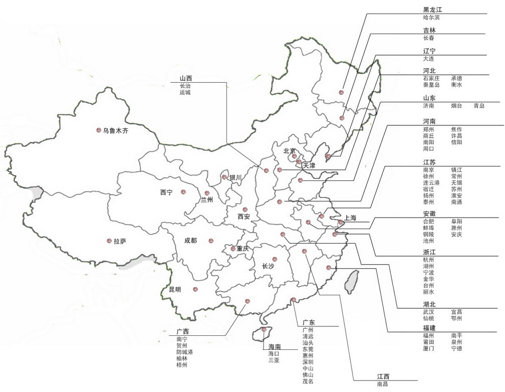 紅圈或劃線列名城市，均有律邦聯盟律師。