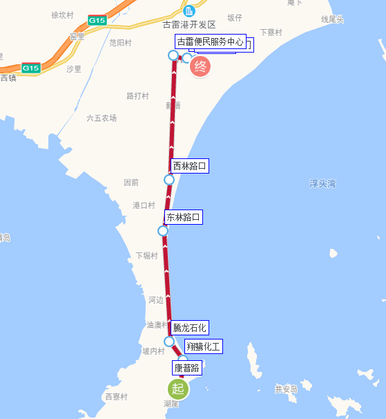 漳州公交古雷港2路下行路線圖