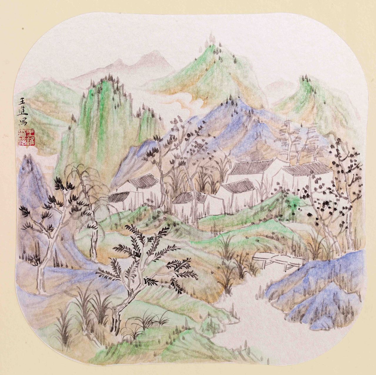 王進 溪橋疊翠，金箋，33×33