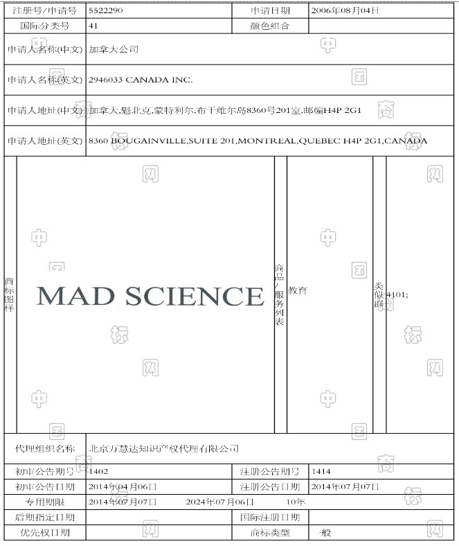 Mad Science商標證明