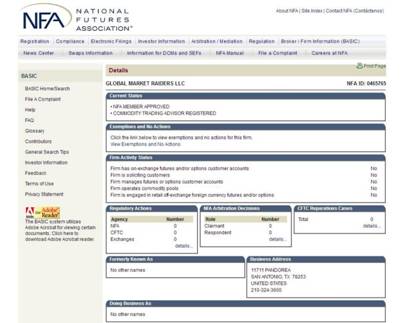 香港高寶金融集團(GMR)在NFA官網上的成員專屬頁面