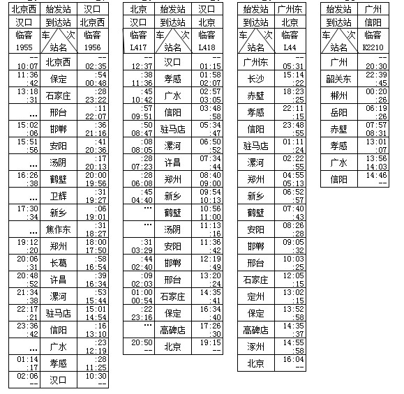 孝感站春運臨客（節前）時刻表