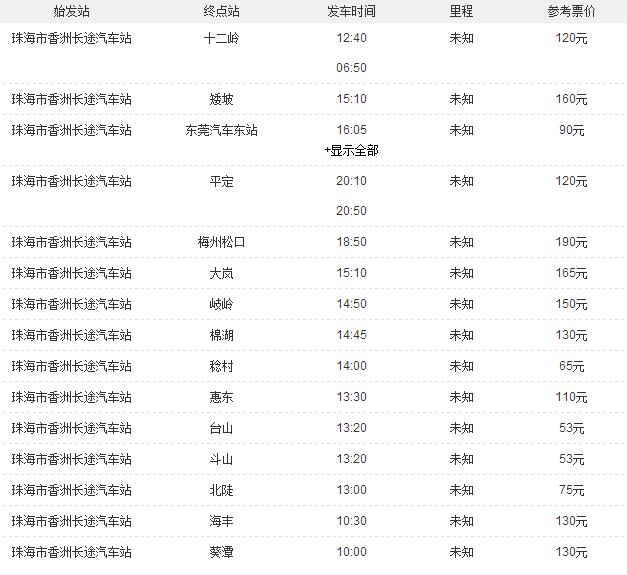 香洲長途汽車站時刻表