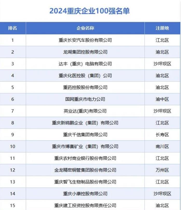 2024重慶企業100強榜單