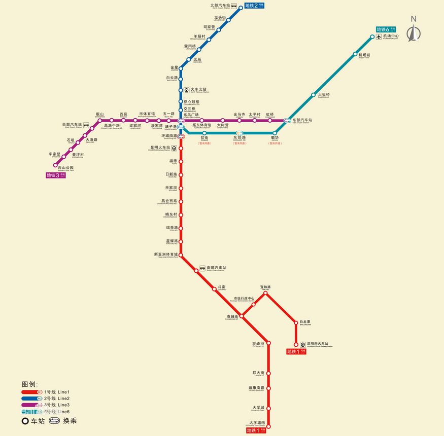 昆明捷運線路圖（6號線東部客運站——塘子巷段暫緩開通）