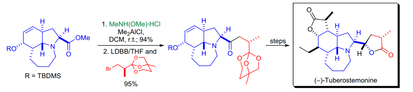 Weinreb醯胺在(-)-結核莖鹼全合成的套用