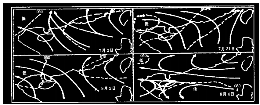 圖2 4次過程中大尺度流場（實線）、氣壓場（虛線）