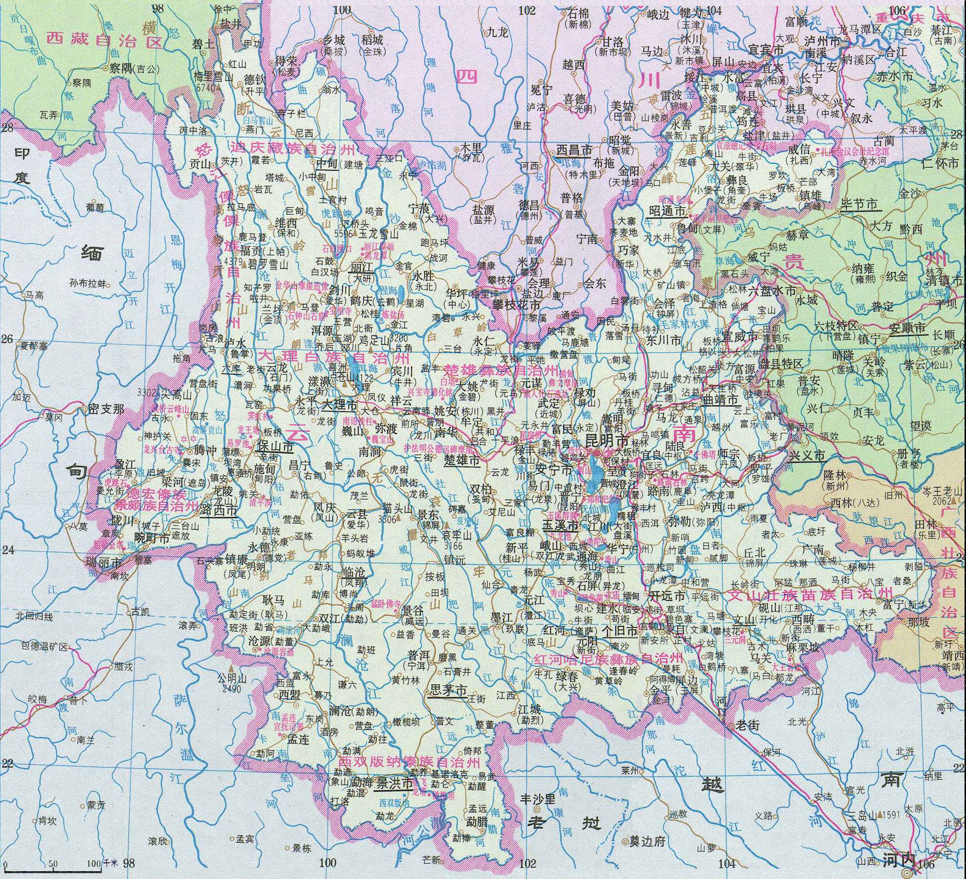 當代的雲南省地圖