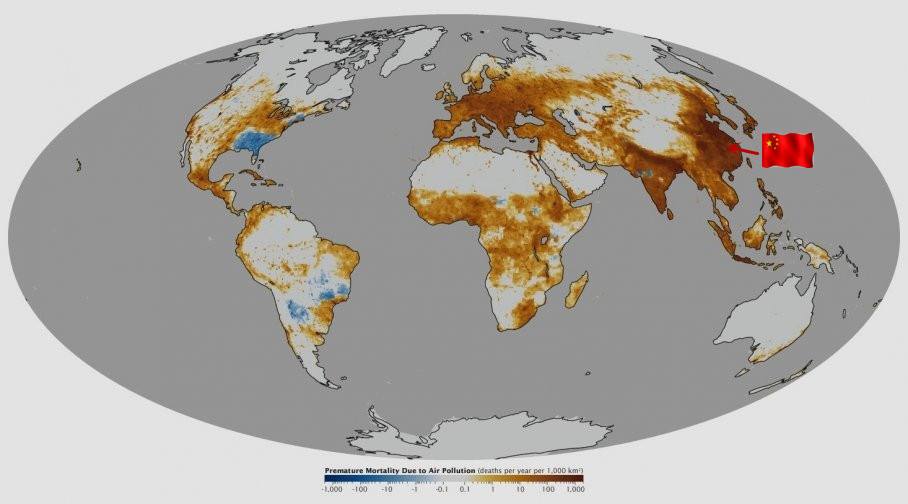 全球各地區細顆粒物濃度和致死人數分布圖