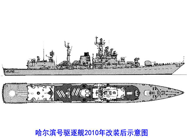 哈爾濱號驅逐艦2010年改裝後示意圖
