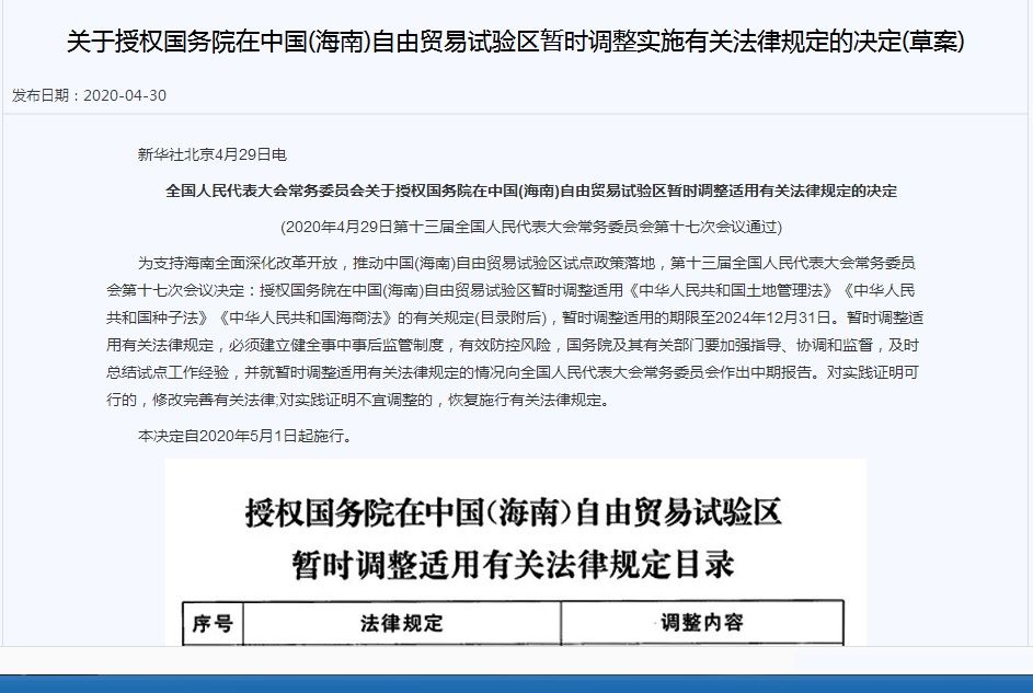 關於授權國務院在中國（海南）自由貿易試驗區暫時調整實施有關法律規定的決定（草案）
