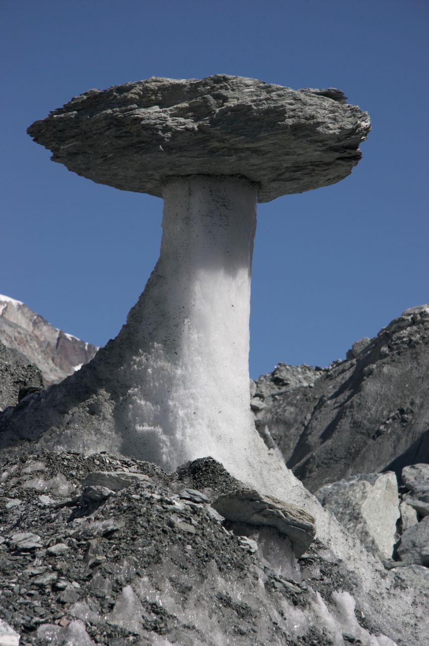 列寧峰西南坡澤琴斯基冰川上詭異的冰蘑菇