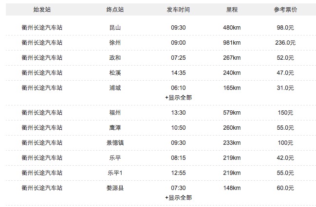 衢州長途汽車站時刻表