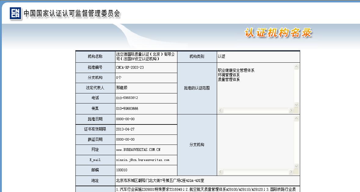 法國BV在中國認監委備案情況