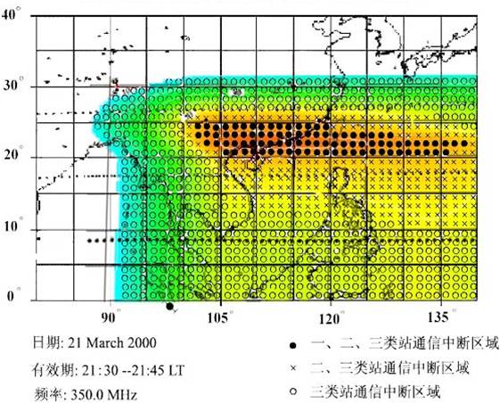 衛星由閃爍引起的通信中斷區域分布示意圖