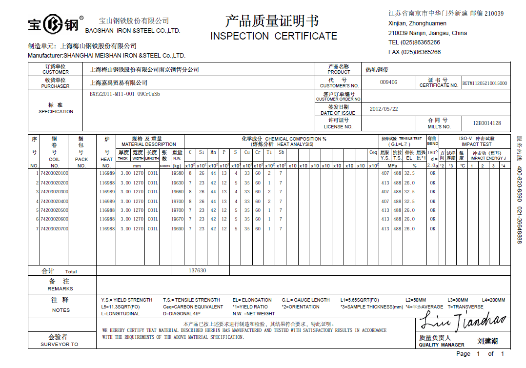 寶鋼09CrCuSb質保書真偽驗證