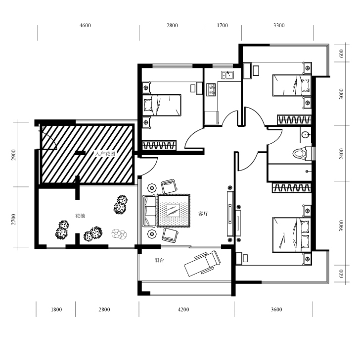 D戶型，三房二廳二衛，建築面積90.41平方米