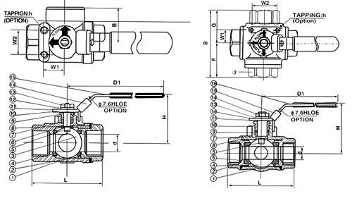 Q14F(Q15F)內螺紋三通球閥尺寸圖