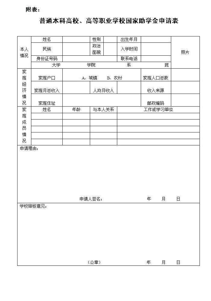 國家助學金申請書