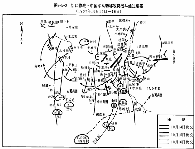 忻口作戰·中國軍隊轉移攻勢戰鬥要圖，1937年10月14日日—16日