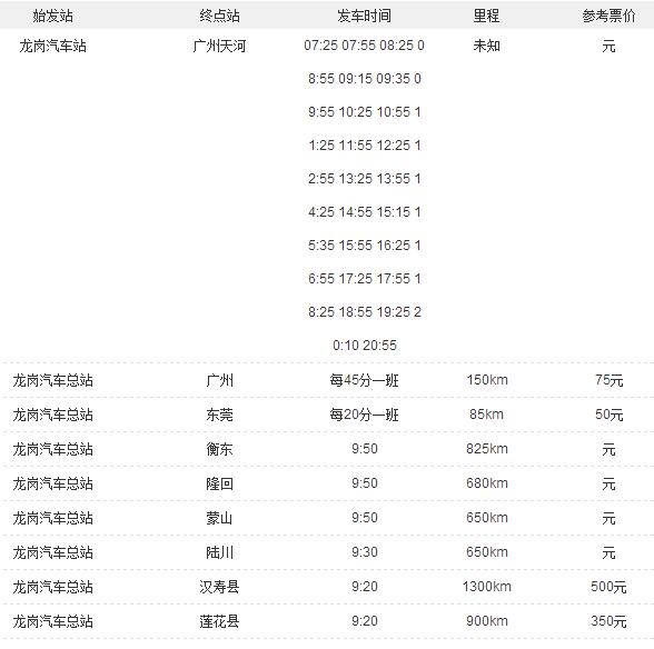 龍崗汽車站時刻表