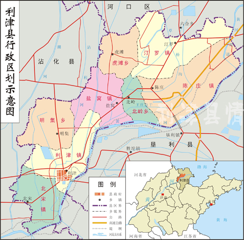 原店子鄉（今北宋鎮）在利津縣的位置