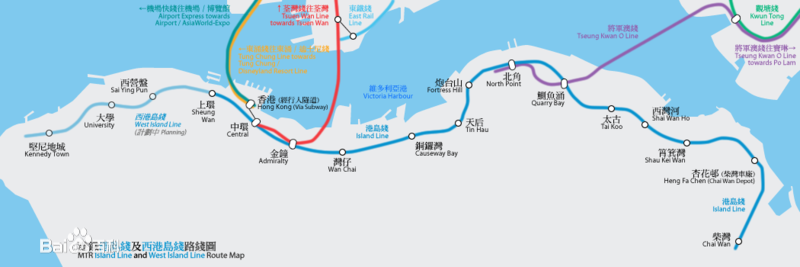 港島線路線圖，包含興建中的西港島線路段