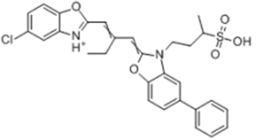5-氯-2-[2-[[5-苯基-3-（3-磺酸丁基）-2(3H)-苯並惡唑亞基]甲基]-1-丁烯基]-3-（3-磺酸丙基）苯並惡唑內翁鹽與N