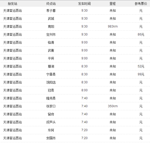 天津客運西站時刻表