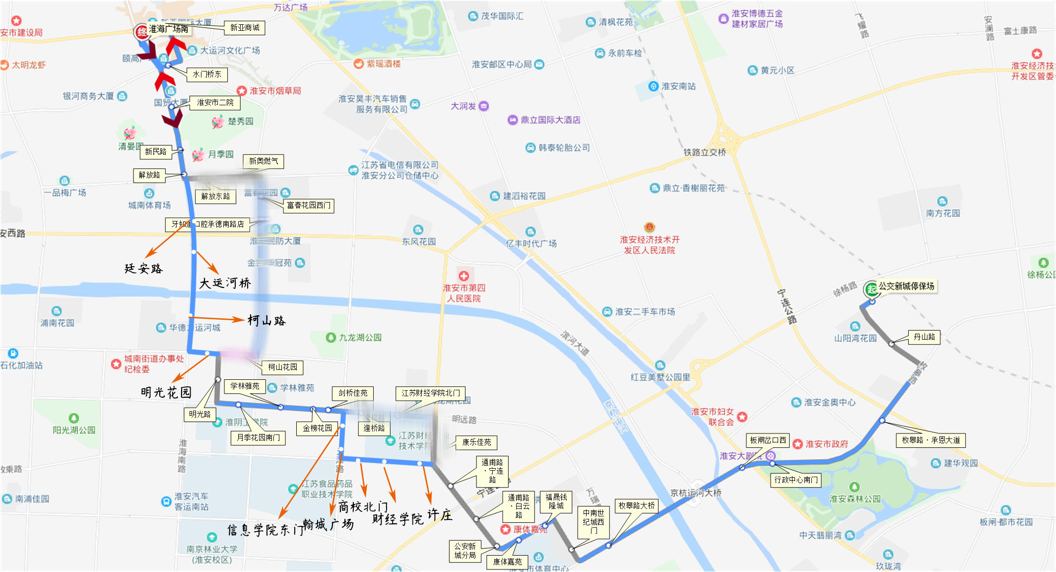 淮安公交14路走向示意圖（截至2019年6月