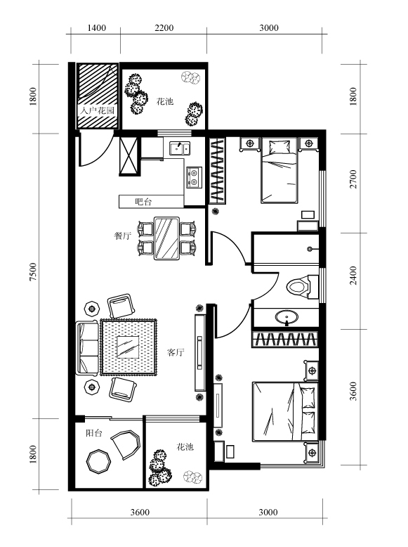 B戶型，二房二廳一衛，建築面積65.07平方米