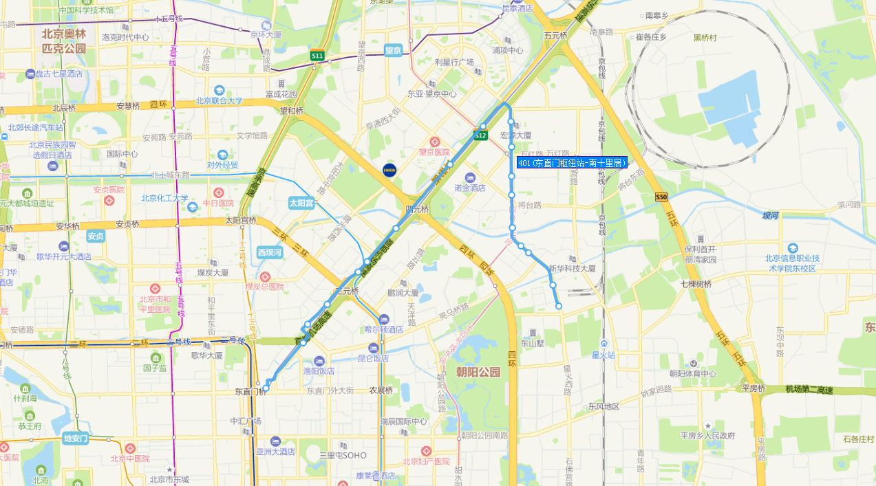 東直門樞紐站——南十里居線路走向