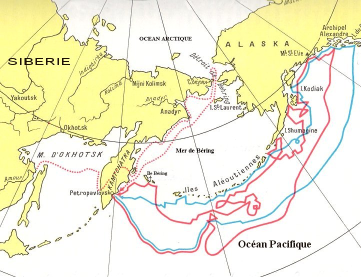 紅線白令考察路線；藍色為奇里科夫考察路線