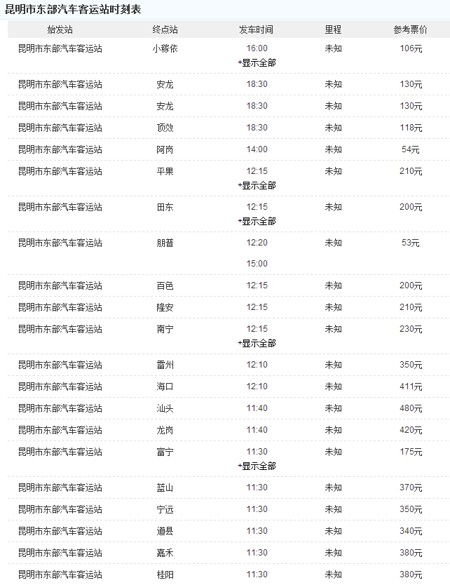 昆明市東部汽車客運站時刻表