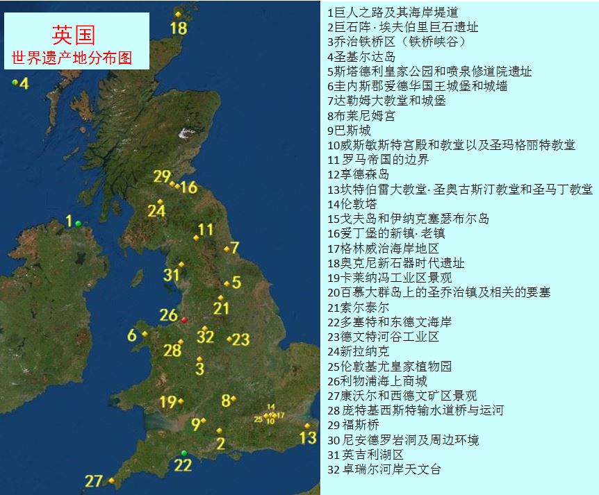 英國世界遺產地地理位置示意圖