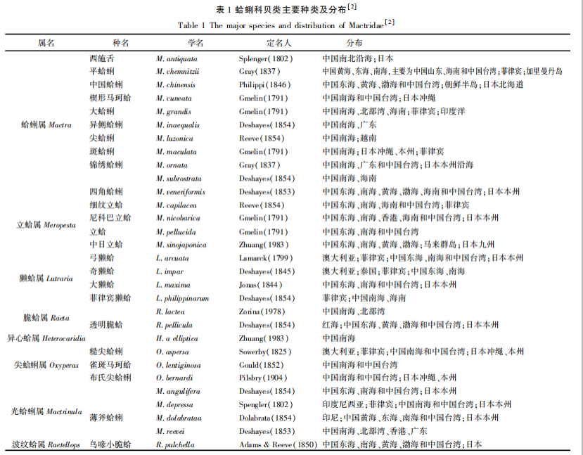 表1 蛤蜊科貝類主要種類及分布