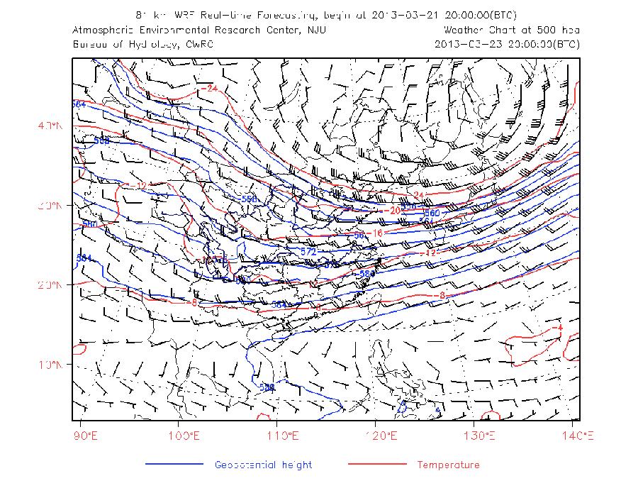 WRF模式預報：500hPa高度場和溫度場預報