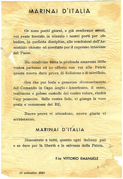 1943年9月埃馬努埃萊三世簽署的停戰聲明